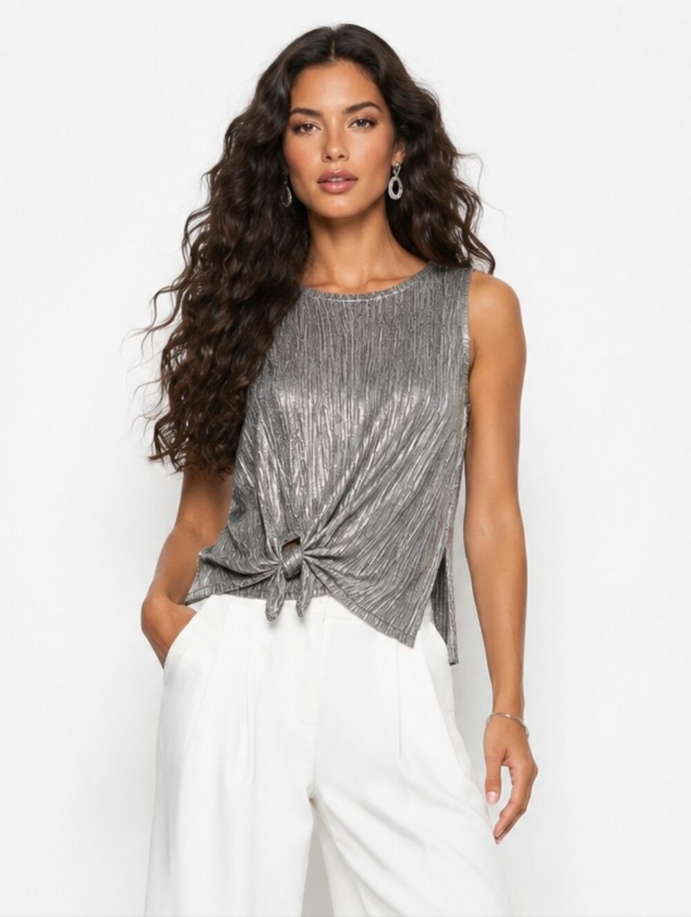 Silver Metallic Ribbed Knot Front Tank Top Side Slit Y2K Party Glam Size L